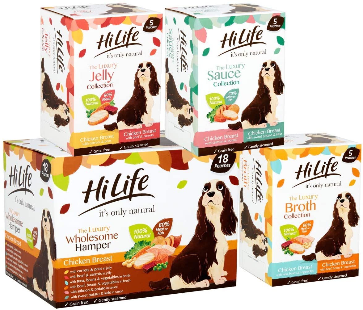  HiLife es sólo alimento natural para perros, pollo con salmón y patatas en salsa, 15 bolsas de 100 g (El embalaje puede variar) 