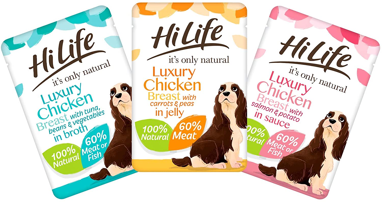  HiLife es sólo alimento natural para perros, pollo con salmón y patatas en salsa, 15 bolsas de 100 g (El embalaje puede variar) 