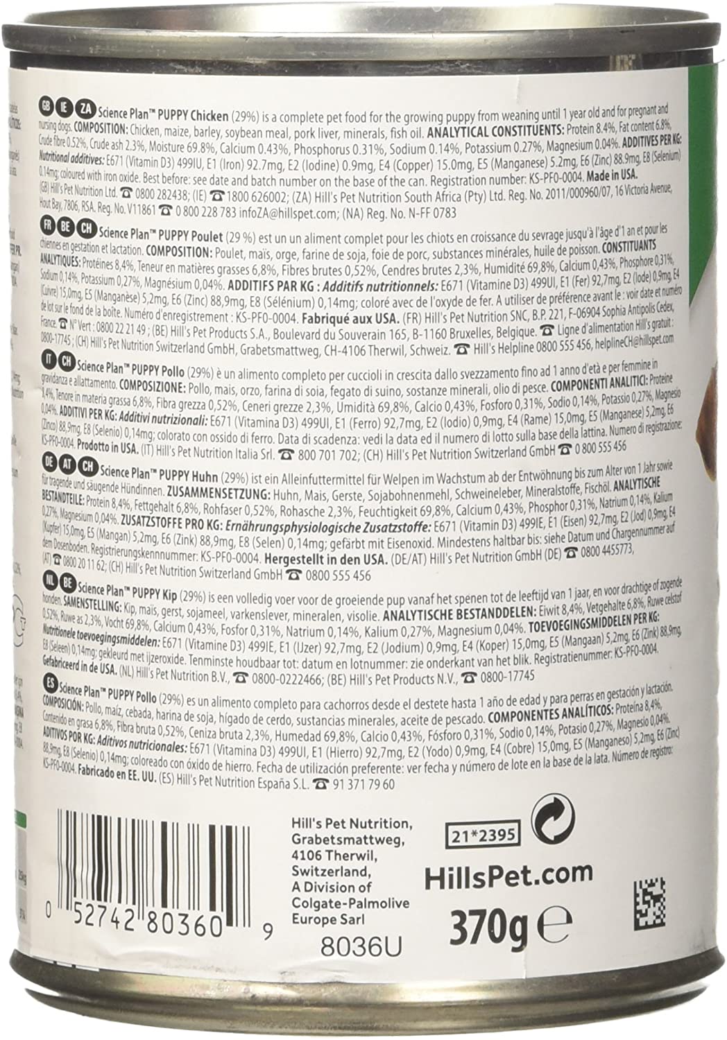  Hills Pet Nutrition S.L. SP Canine Puppy Pollo 12 Latas / 370Gm 8036M Hills 5000 g 