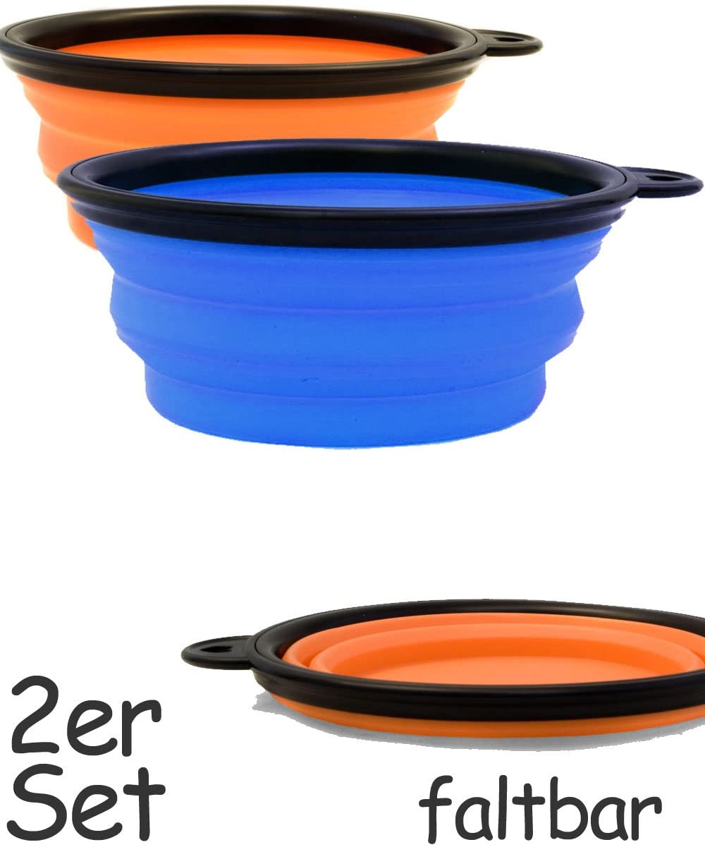  Home Tools.EU® – 2 x Plegable Comida de Perros, cuenco de silicona, forro de comida, para perros, gatos, forro a viajar, viaje | 380 ml, Azul Naranja, Juego de 2 