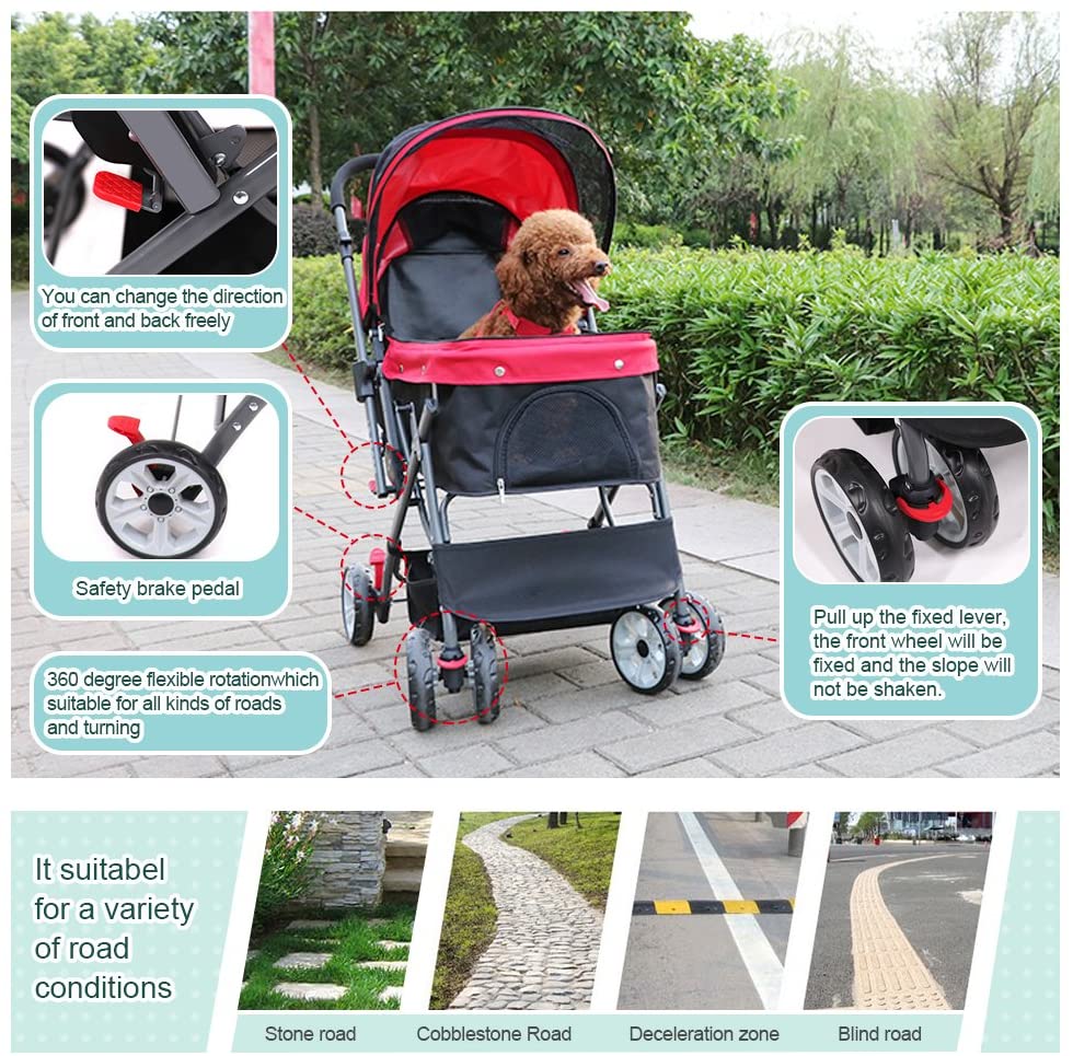  IREENUO Carrito para Mascotas Plegable para Perros Gatos con Cuatro Ruedas Rueda Delantera a Prueba de Golpes Rotación de 360 Grados Mascota Carrito de Viaje para 30 kg (Rojo) 