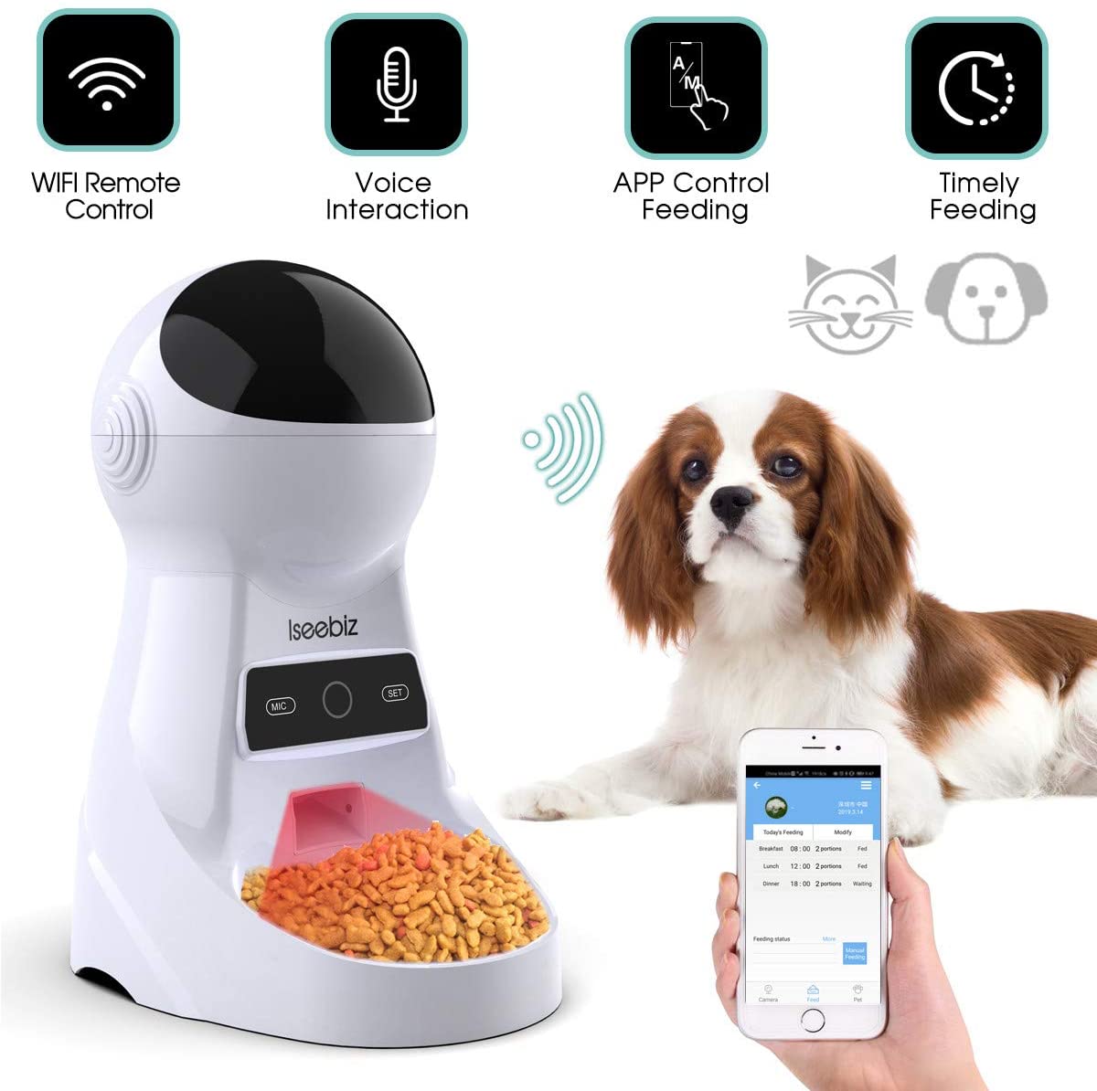  Iseebiz Comedero Automatico Gatos con WiFi 3 Litro Comedero Perro Tiene 8 Comidas con Recordatorio por Voz y Temporizador Fuciona con el Enchufe o la Pila 