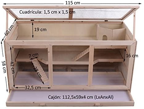  Jaula Madera 115x60'5x58cm 3 Ventanas Plexiglas 3 Pisos + Bandeja Extraible Hamster Raton 