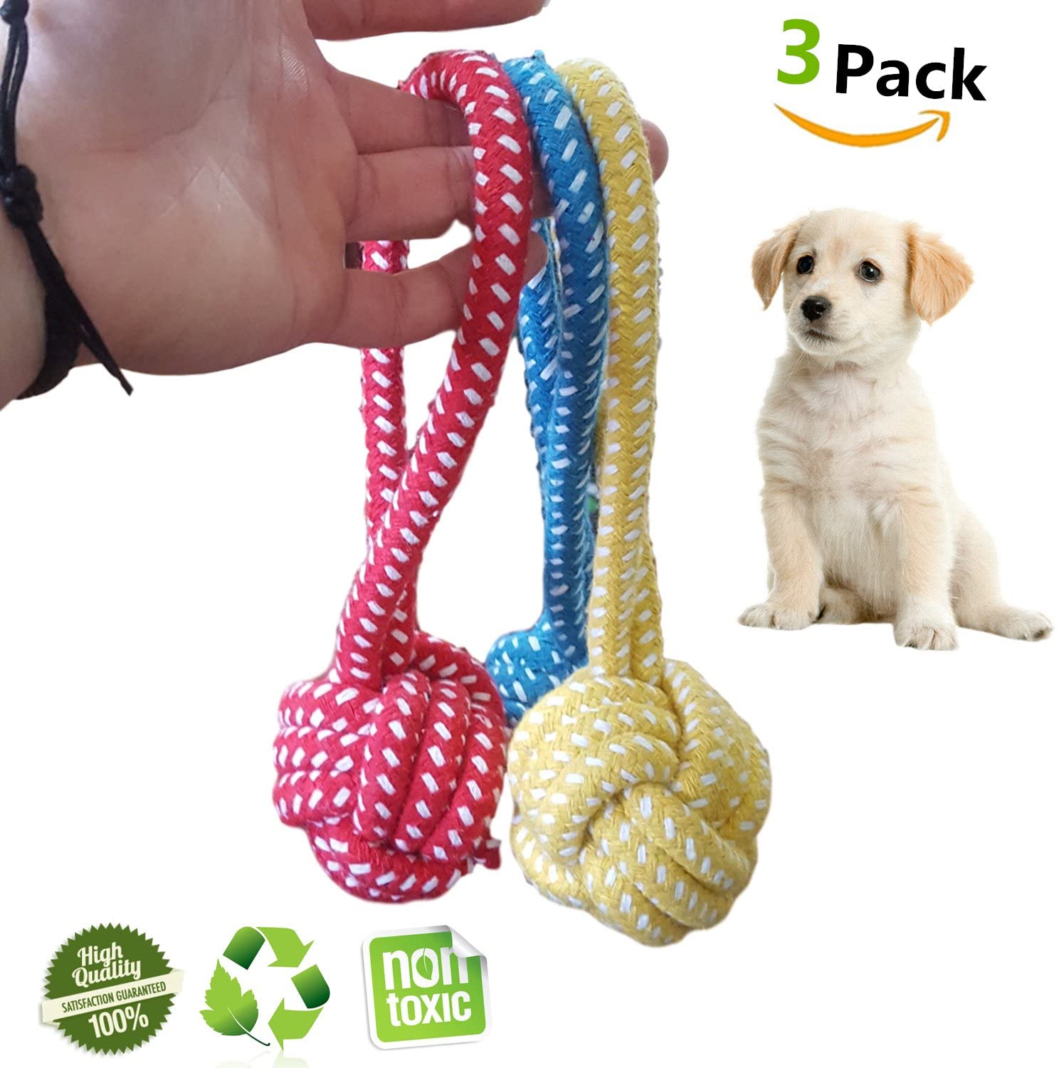  Juguetes para Perros，Chickwin Juguetes de Cuerda de Algodón Mezclado Limpieza de Duraderos Masticar y el Entrenamiento de juguete Para los Pequeños a Medianos (3pc Bola de la cuerda) 