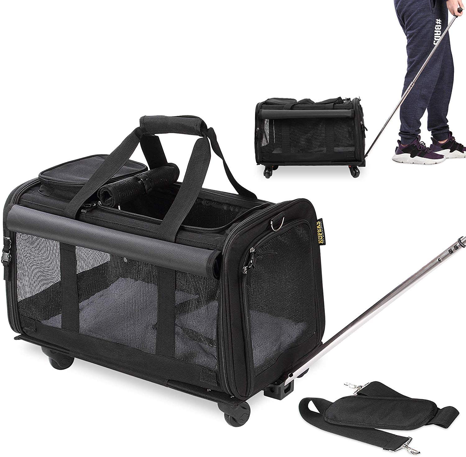  KOPEKS Transportador de Viaje para Mascotas, Bolsa con Manecilla y 4 Ruedas para Transportar Perros, Gatos, Mascotas y Accesorios - Negro 