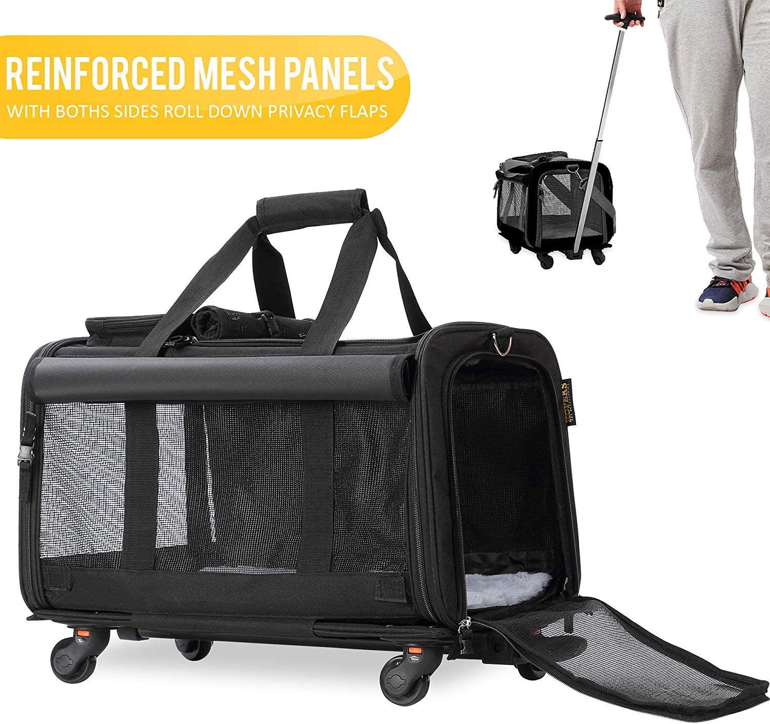  KOPEKS Transportador de Viaje para Mascotas, Bolsa con Manecilla y 4 Ruedas para Transportar Perros, Gatos, Mascotas y Accesorios - Negro 