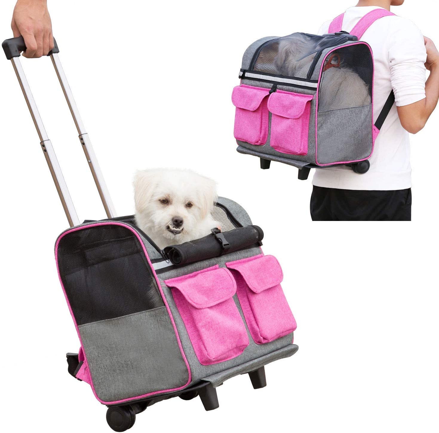  Maxmer Transportín Perro Carrito de Mascotas Capazo Perro Mochila Gatos Trolley Perros para Línea Aérea, Color Rosado 