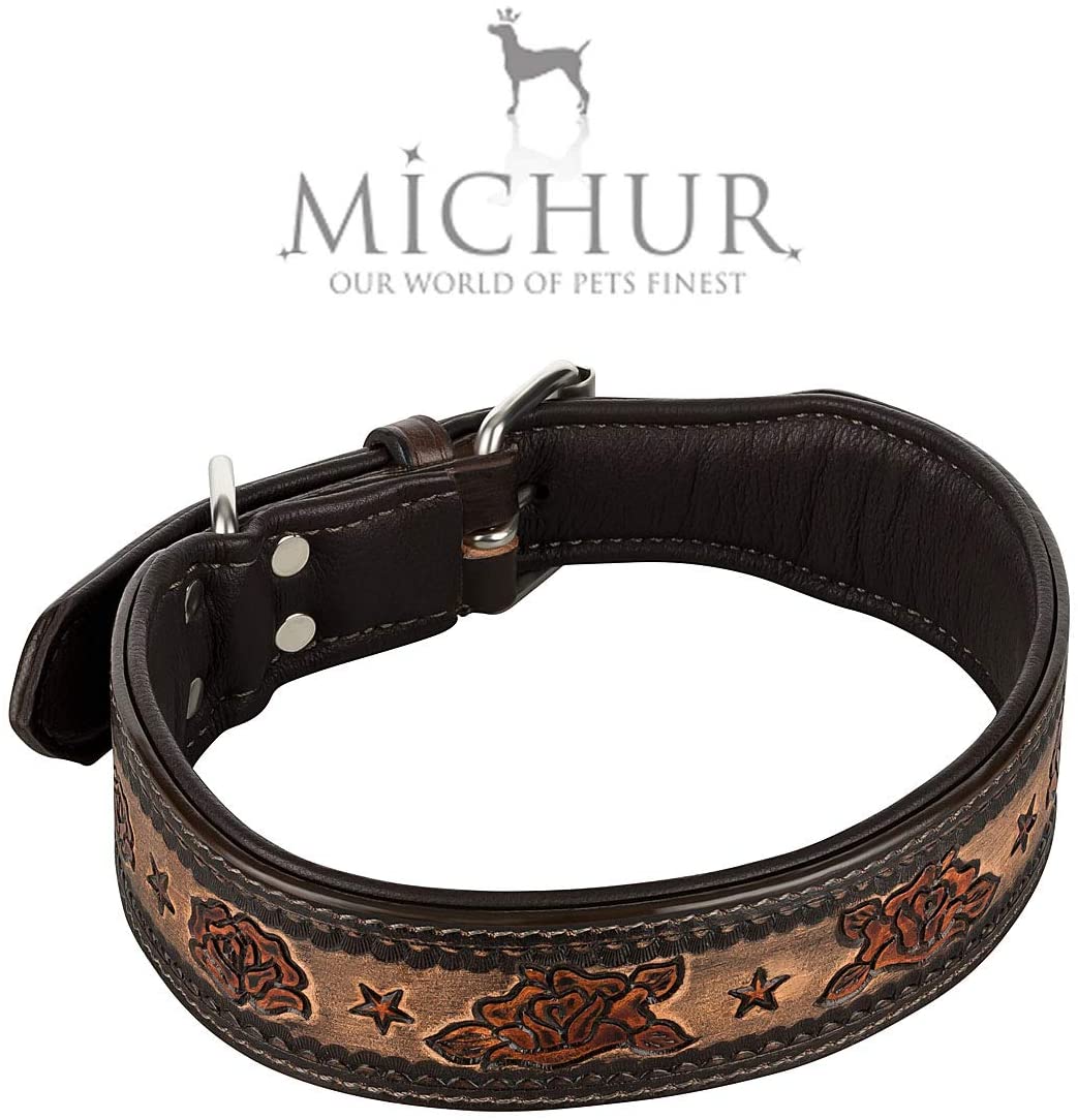  MICHUR Rosalina Collar de Cuero para Perro, Collar de Cuero para Perro, Collar, Cuoio, Negro Marrón Rojo, con Estampado de Rosas, Disponible en Diferentes tamaños, Collar Cuero 