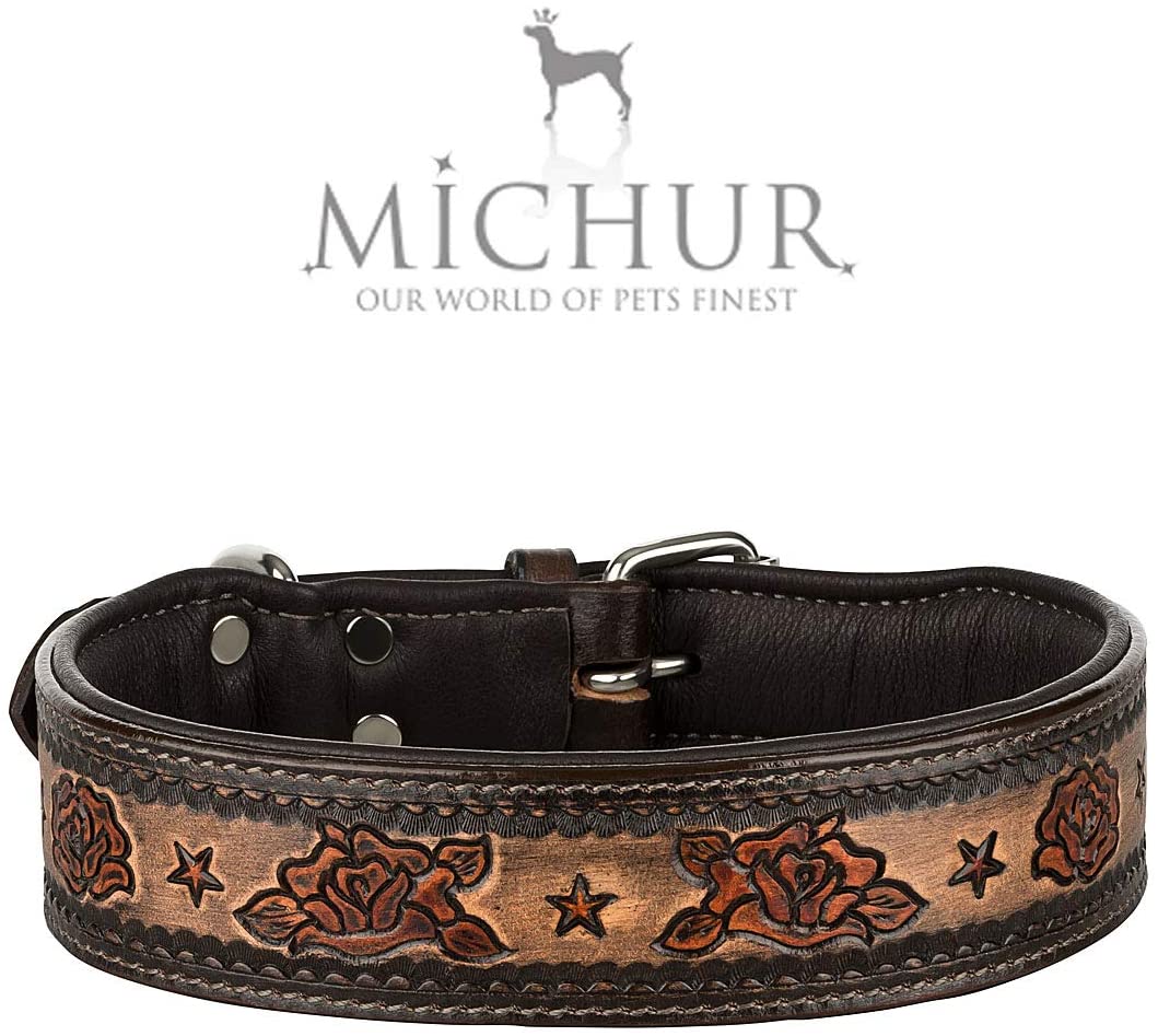  MICHUR Rosalina Collar de Cuero para Perro, Collar de Cuero para Perro, Collar, Cuoio, Negro Marrón Rojo, con Estampado de Rosas, Disponible en Diferentes tamaños, Collar Cuero 