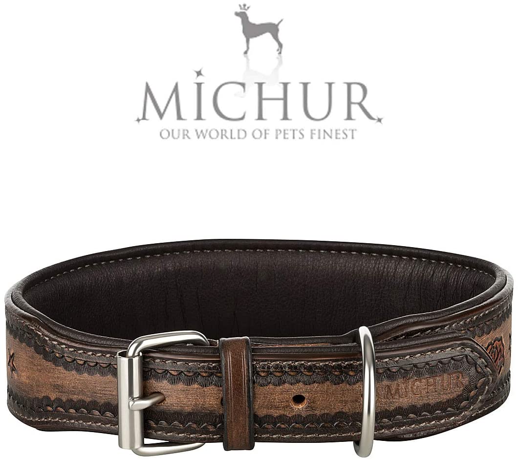  MICHUR Rosalina Collar de Cuero para Perro, Collar de Cuero para Perro, Collar, Cuoio, Negro Marrón Rojo, con Estampado de Rosas, Disponible en Diferentes tamaños, Collar Cuero 