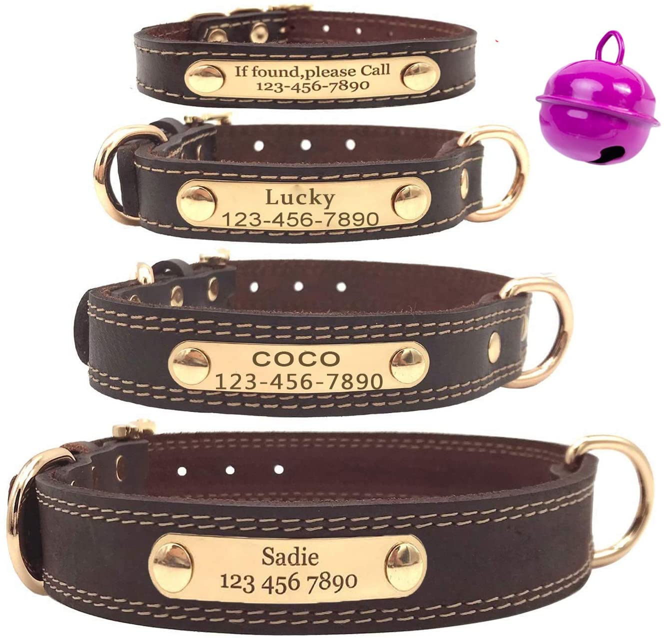  Mihqy Collar de Perro de Cuero Personalizado,Placa de Identificación Grabada con Nombre y número de Teléfono Grabado con láser,Ajustable, Perros pequeños, medianos y Grandes 