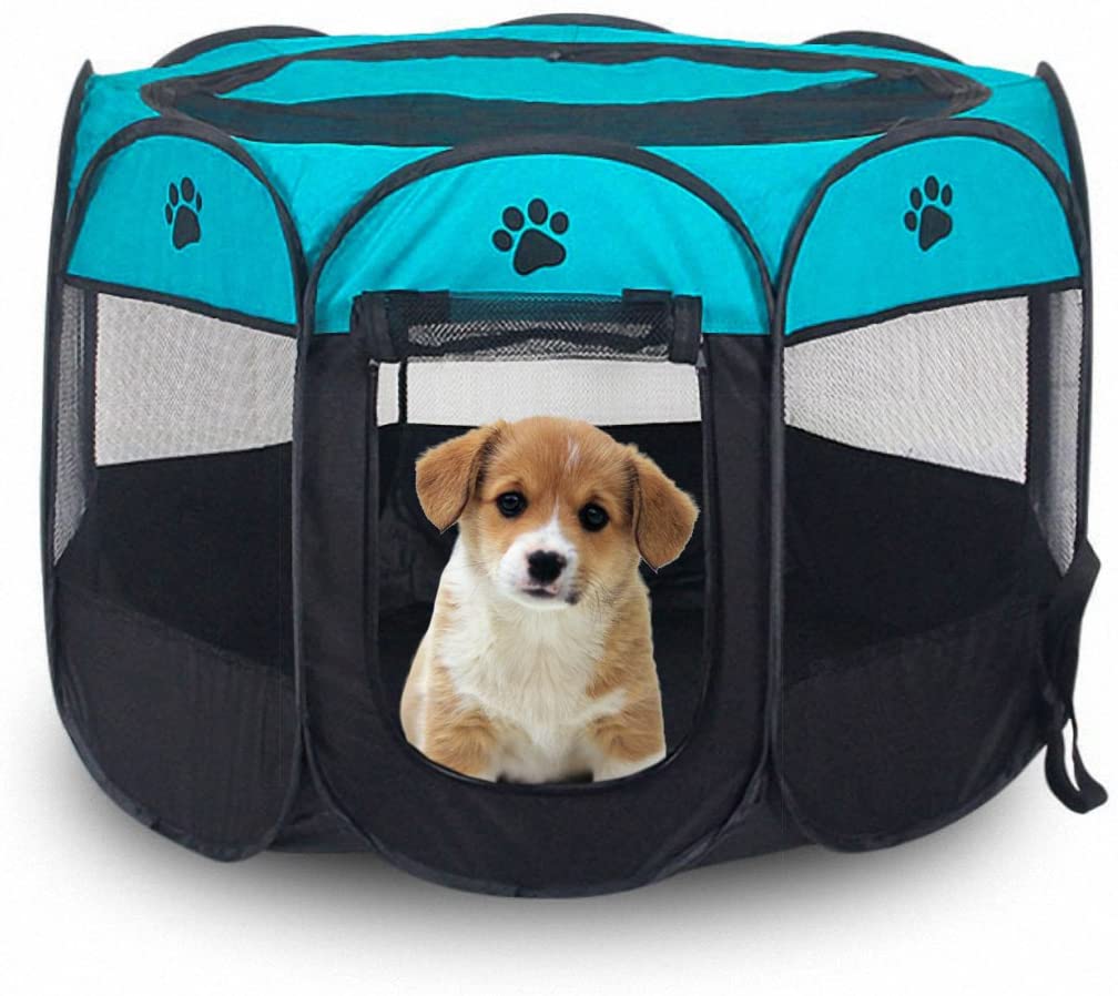  MiLuck Animal de compañía portátiles plegables Playpen, ejercicio de 8 paneles de la perrera de malla cubierta de la sombra interior / al aire libre tienda de cercas para perros gatos (L-Azul) 