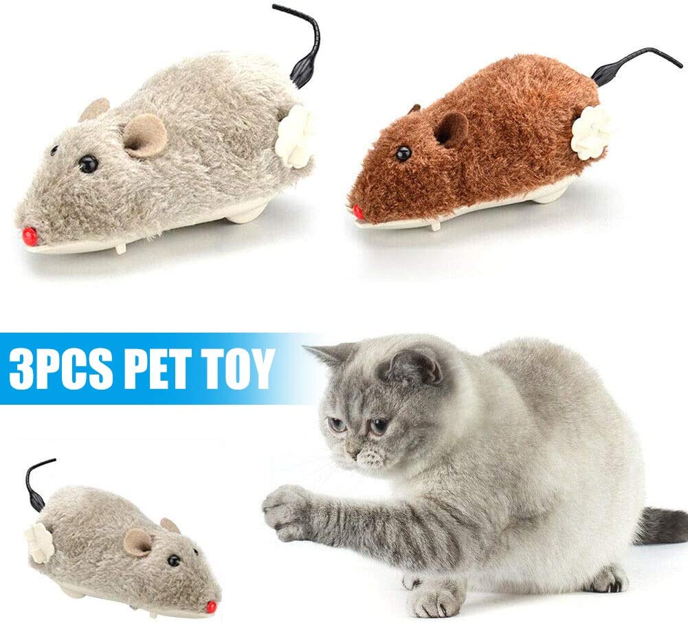  Momokoi Ratón Juguete, 3 Piezas Gatos Perro Jugando Reloj Primavera Poder de Peluche ratón Juguete mecánico Movimiento Rata 