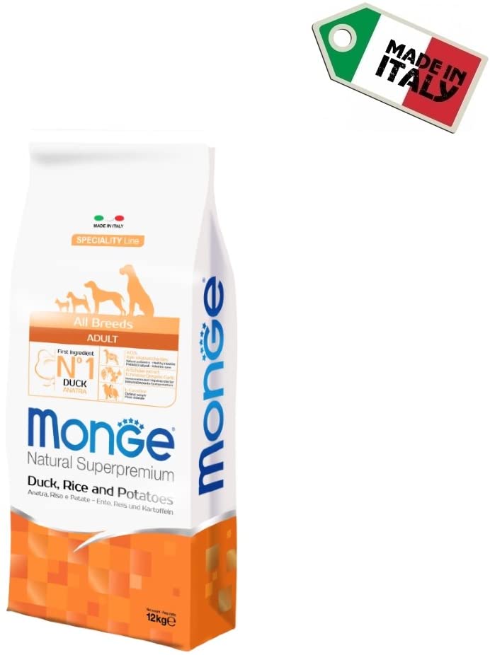  Monge superpremium All Breed Adult 12 kg (Pato, arroz y patatas) – Super Premium al pato pienso para perros adultos, monoproteico, natural al 100% 