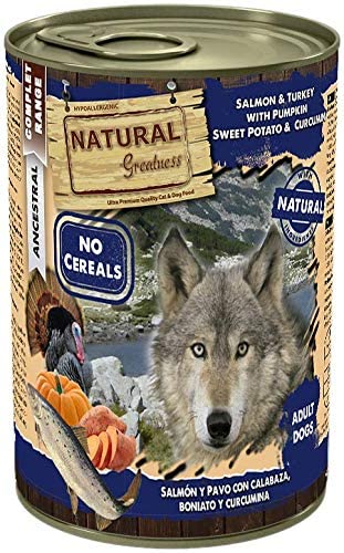  Natural Greatness Comida Húmeda para Perros de Salmón y Pavo con Calabaza, Boniato y Curcumina. Pack de 6 Unidades. 400 gr Cada Lata 