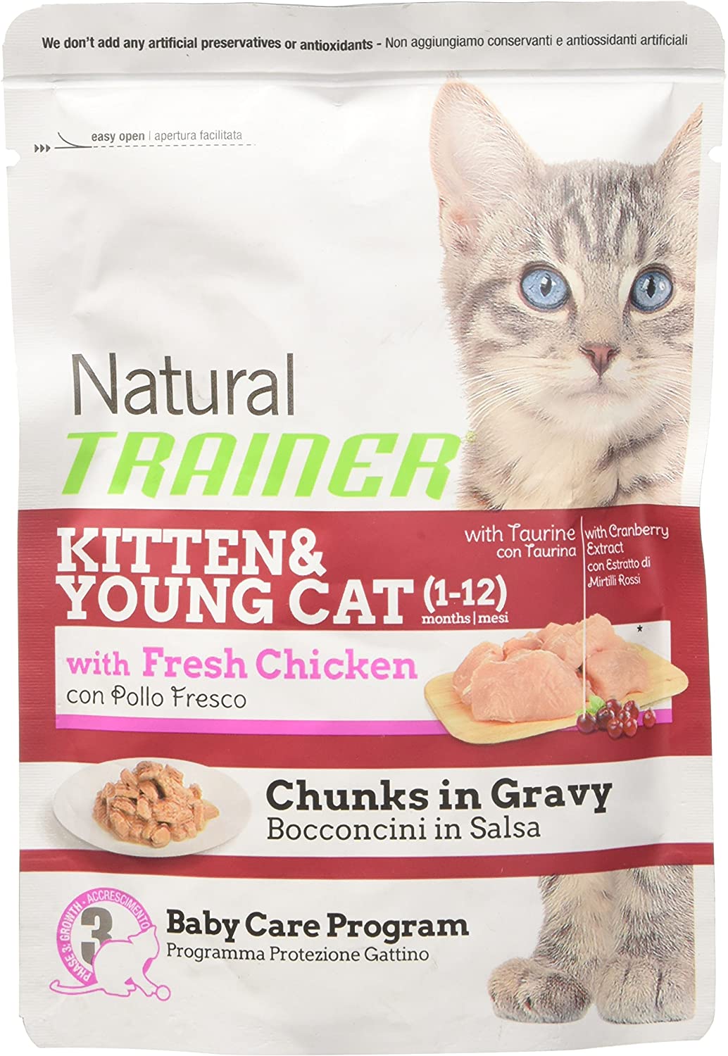  Natural Trainer Grasa de Salsa, con Pollo Fresco, para Gato y Gato Giovane (1 – 12 Meses), 85 g, 1 sobre 