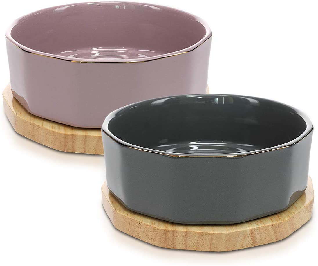  Navaris Set de 2 Cuencos elevados de cerámica - Comedero y Bebedero de Porcelana para Perros Gatos - Juego de 2X Bol con Base de Madera para Mascotas 