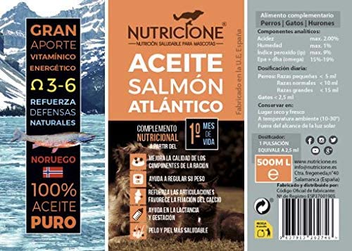  Nutricione Aceite de Salmón 100% puro extraído en frío para perros y gatos 1 Litro con dosificador 