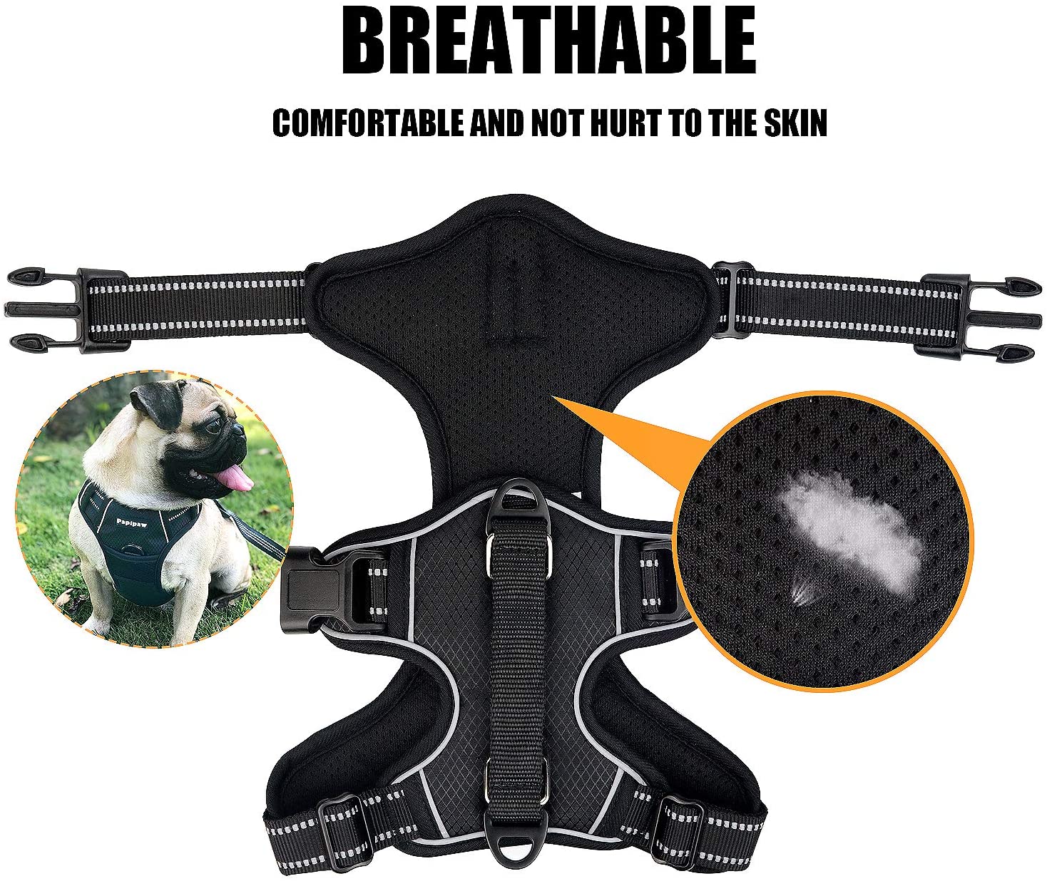  Papipaw Arnés Ajustable para Perros Sin Tirones de Fácil Control Arnés Impermeable Reflectante Nocturno Correa de Seguridad (L,Negro) 