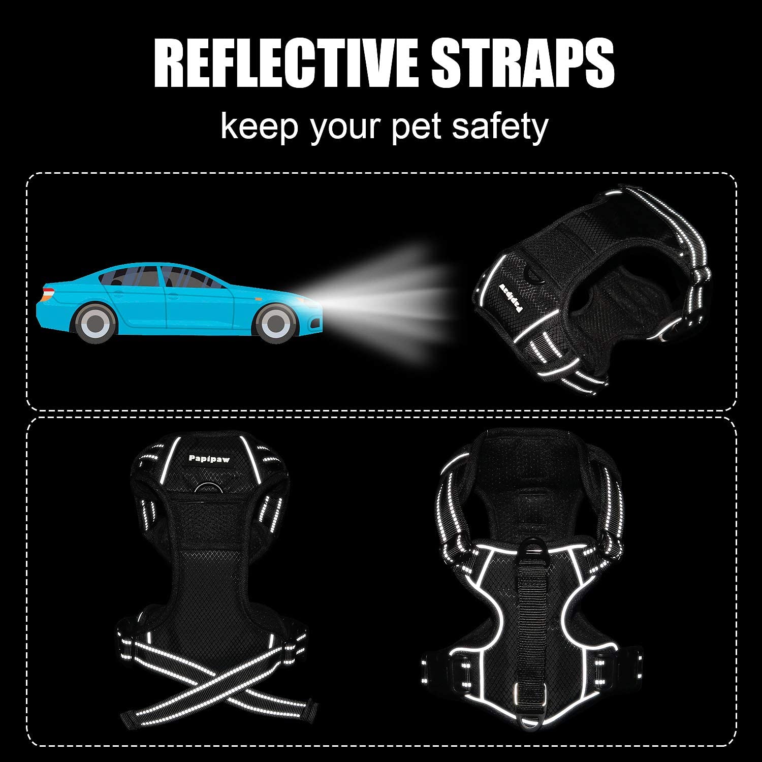  Papipaw Arnés Ajustable para Perros Sin Tirones de Fácil Control Arnés Impermeable Reflectante Nocturno Correa de Seguridad (L,Negro) 