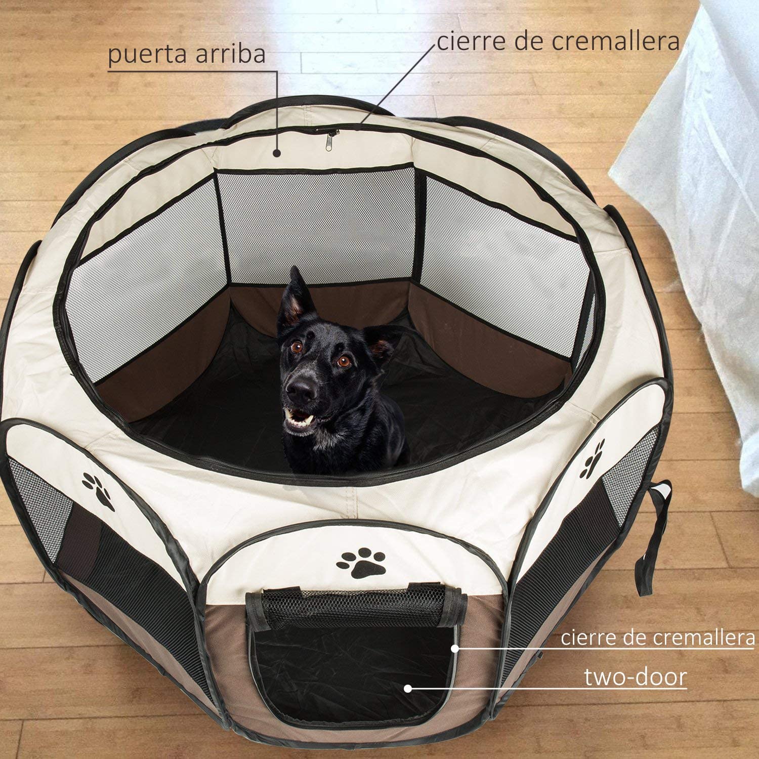  Parque Mascota Perrera Dormitorio Perro Gato Octágono Durable Plegable Bien Ventilado 114 x114 x58 CM Marrón con 1 Set de Cortauña 