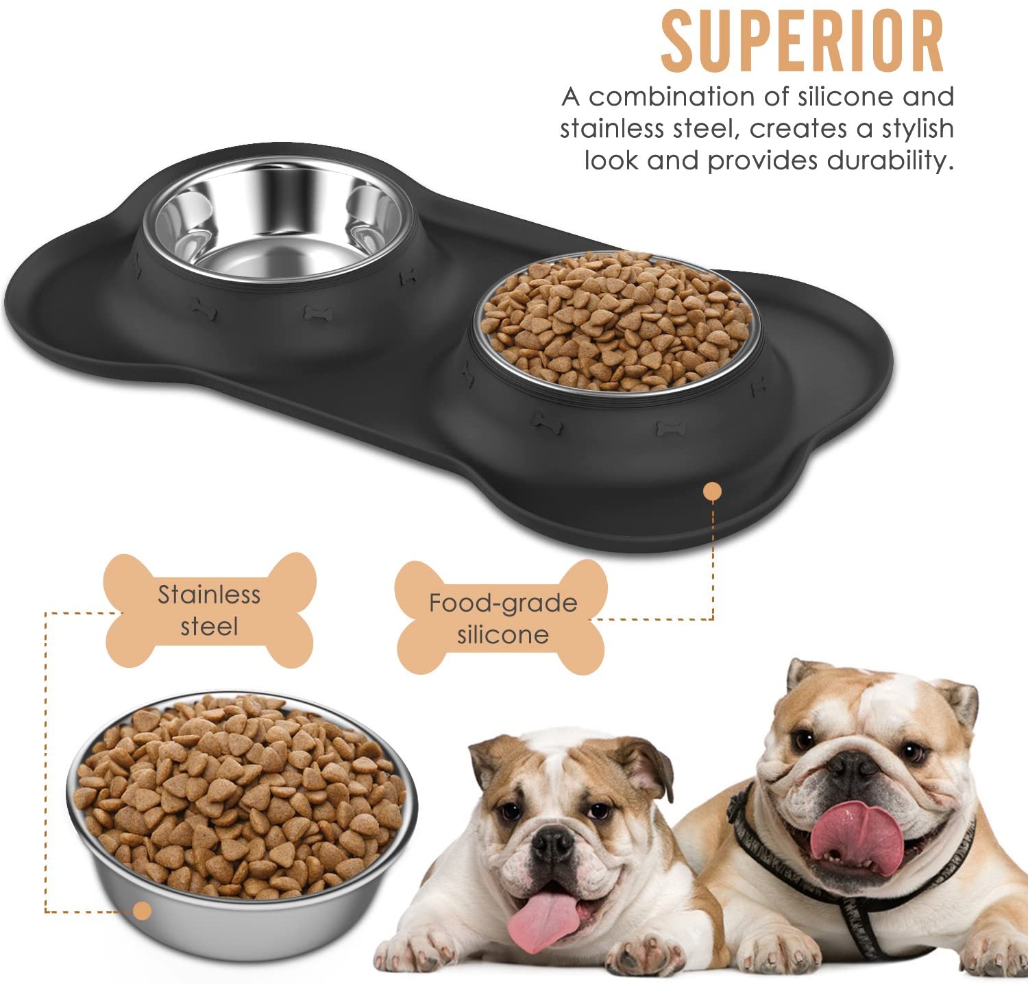  Pawaboo Cuencos para Perro & Gato - Premium Acero Inoxidable Alimentador de Mascota con Base de Goma / 5.51" Diámetro Comedero para Comida o Agua/Juego de 2 & Talla Grande, Negro 