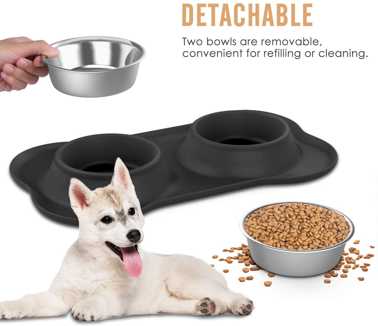  Pawaboo Cuencos para Perro & Gato - Premium Acero Inoxidable Alimentador de Mascota con Base de Goma / 5.51" Diámetro Comedero para Comida o Agua/Juego de 2 & Talla Grande, Negro 