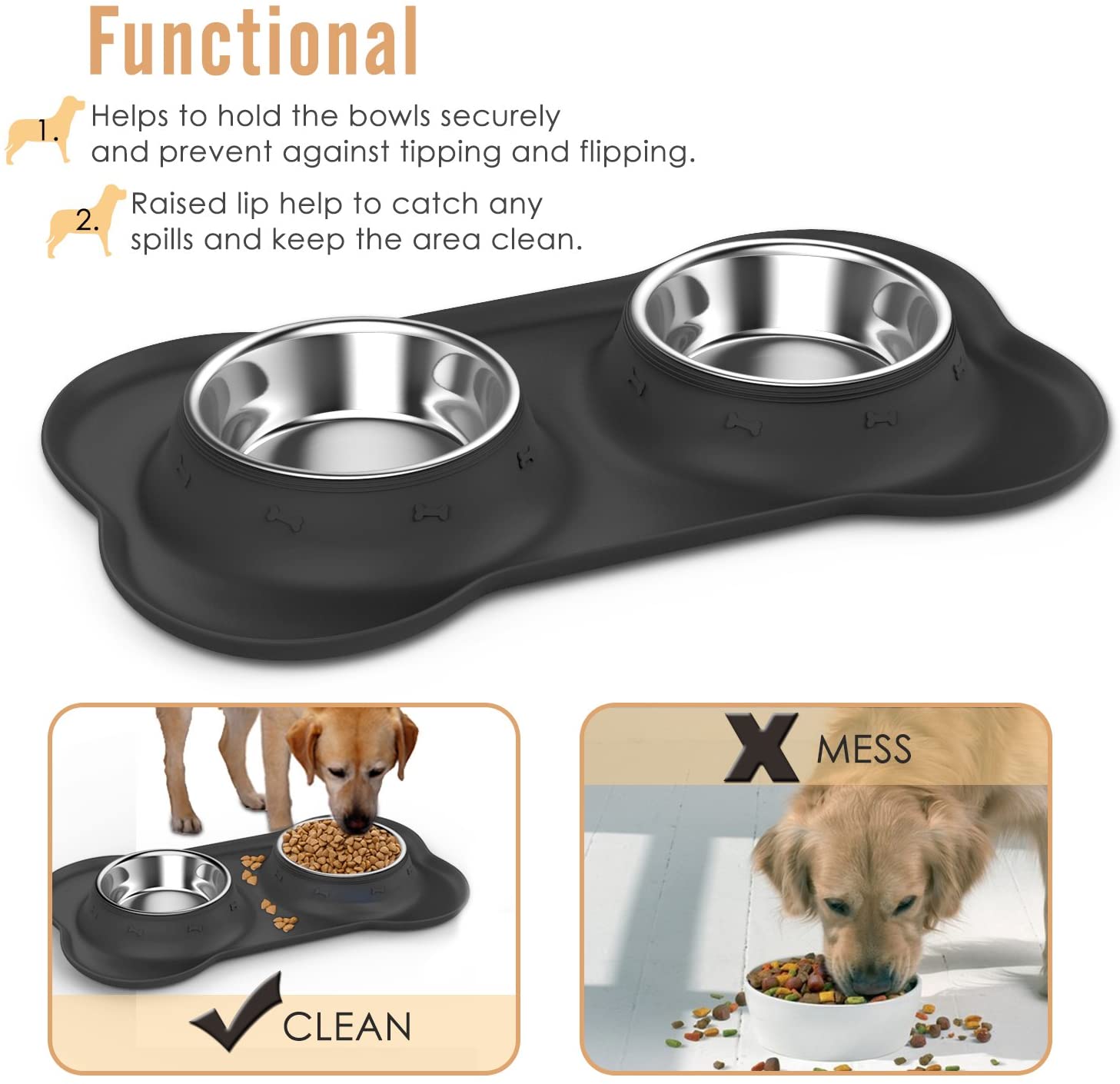  Pawaboo Cuencos para Perro & Gato - Premium Acero Inoxidable Alimentador de Mascota con Base de Goma / 5.51" Diámetro Comedero para Comida o Agua/Juego de 2 & Talla Grande, Negro 