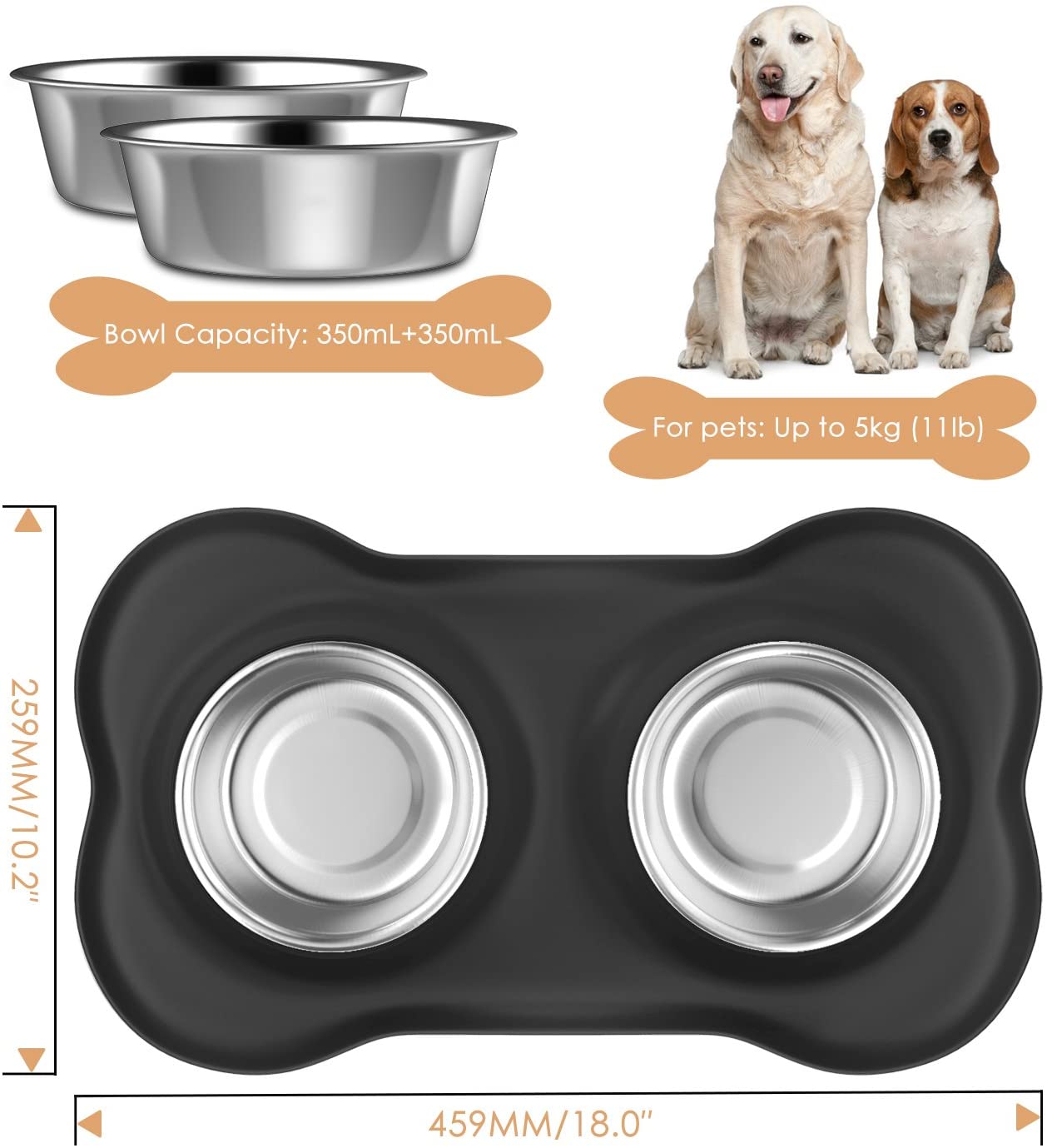  Pawaboo Cuencos para Perro & Gato - Premium Acero Inoxidable Alimentador de Mascota con Base de Goma / 5.51" Diámetro Comedero para Comida o Agua/Juego de 2 & Talla Grande, Negro 