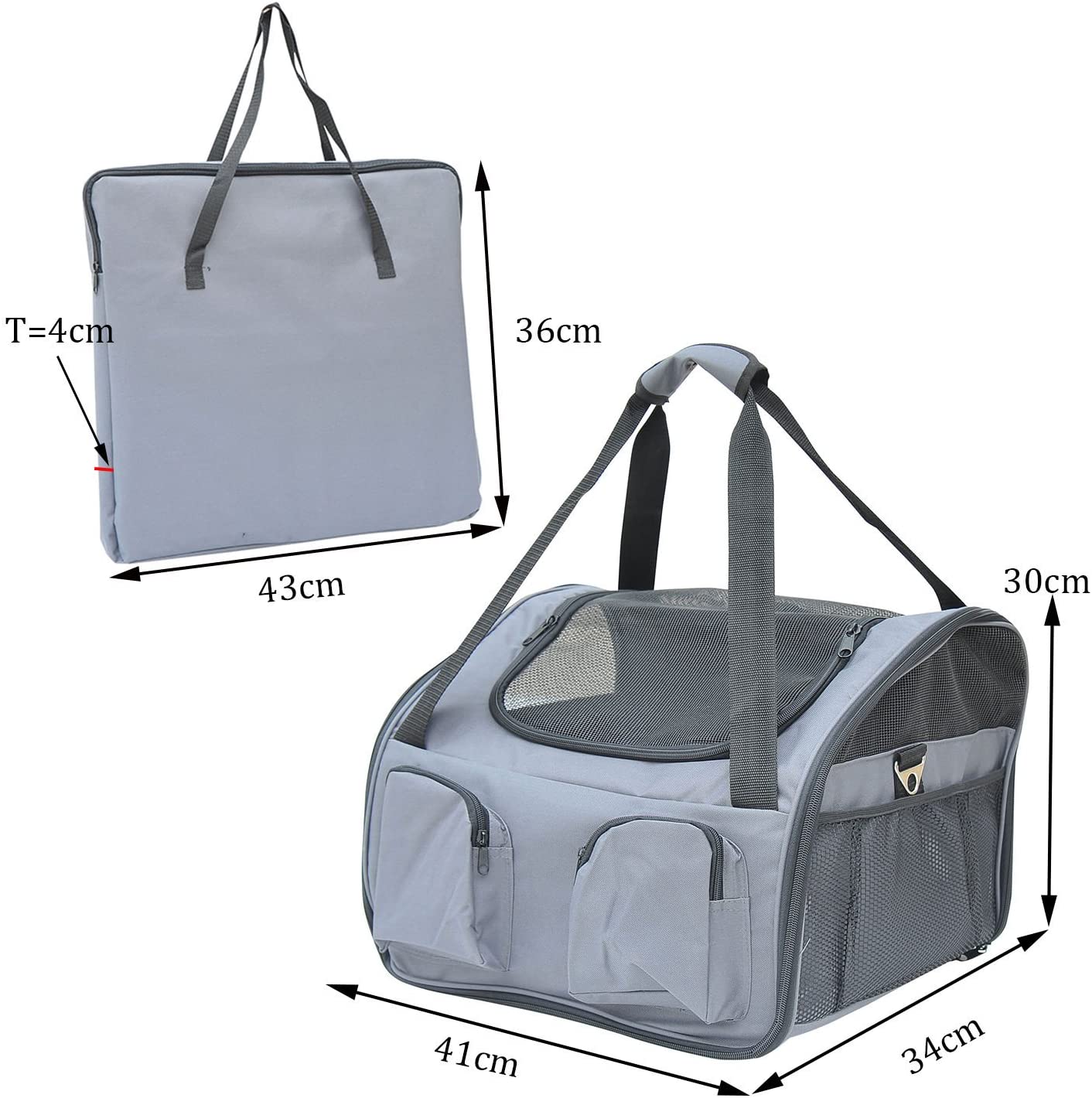  Pawhut - Bolsa de Transporte Plegable para Mascotas, Asiento de Coche, Gato, Perro, Perrera, portátil, Jaula de Viaje, Bolsa de Malla, Color Gris 