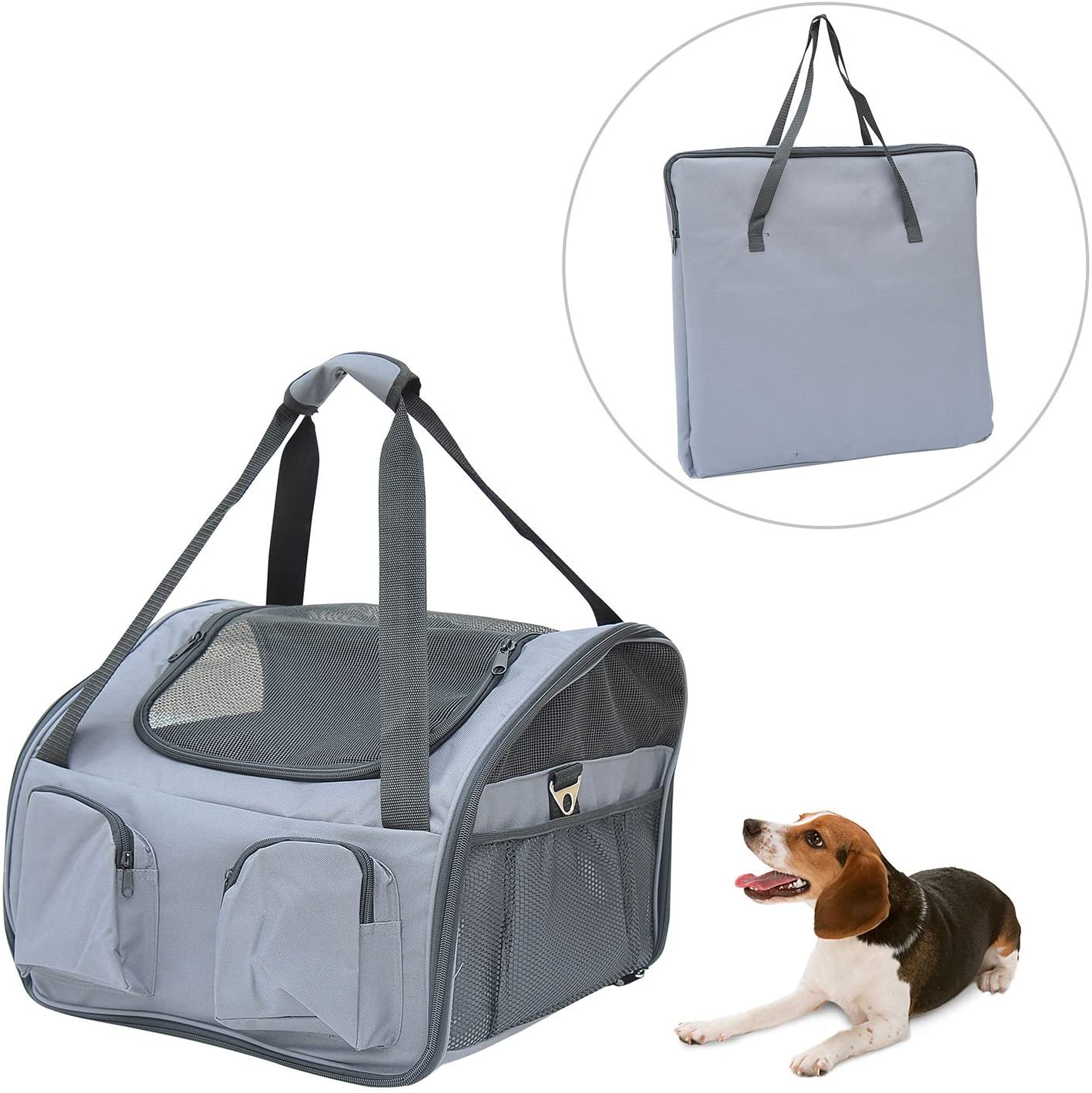  Pawhut - Bolsa de Transporte Plegable para Mascotas, Asiento de Coche, Gato, Perro, Perrera, portátil, Jaula de Viaje, Bolsa de Malla, Color Gris 