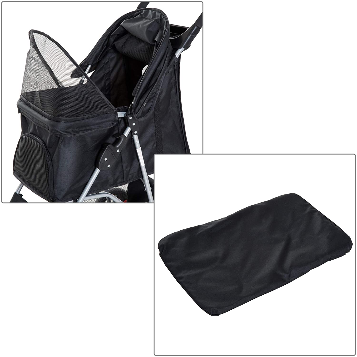  Pawhut Cochecito Plegable Mascotas 84x48x95cm Perro Gato Carrito Ruedas Giran 360º Negro con Freno Negro 