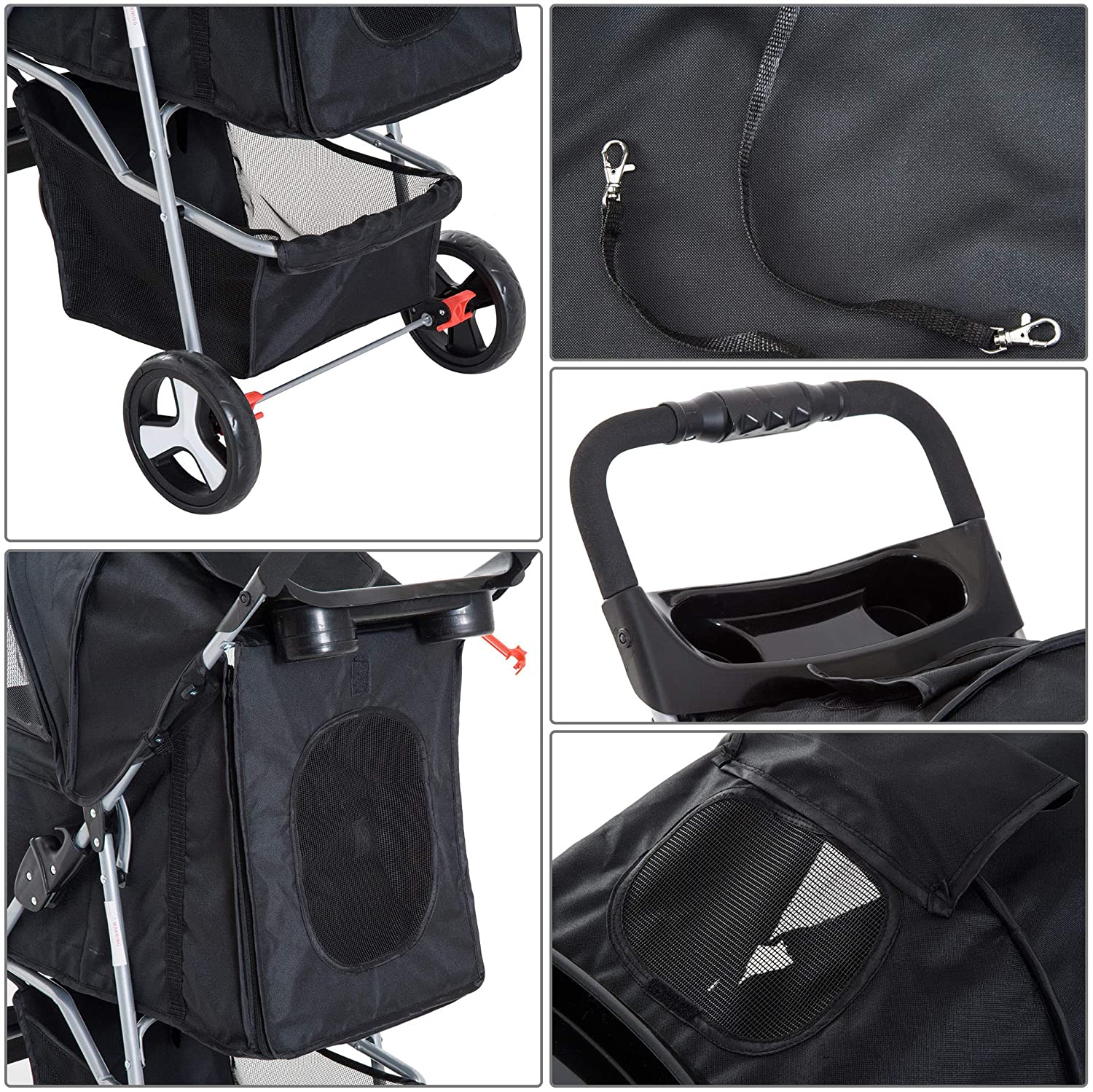  Pawhut Cochecito Plegable Mascotas 84x48x95cm Perro Gato Carrito Ruedas Giran 360º Negro con Freno Negro 