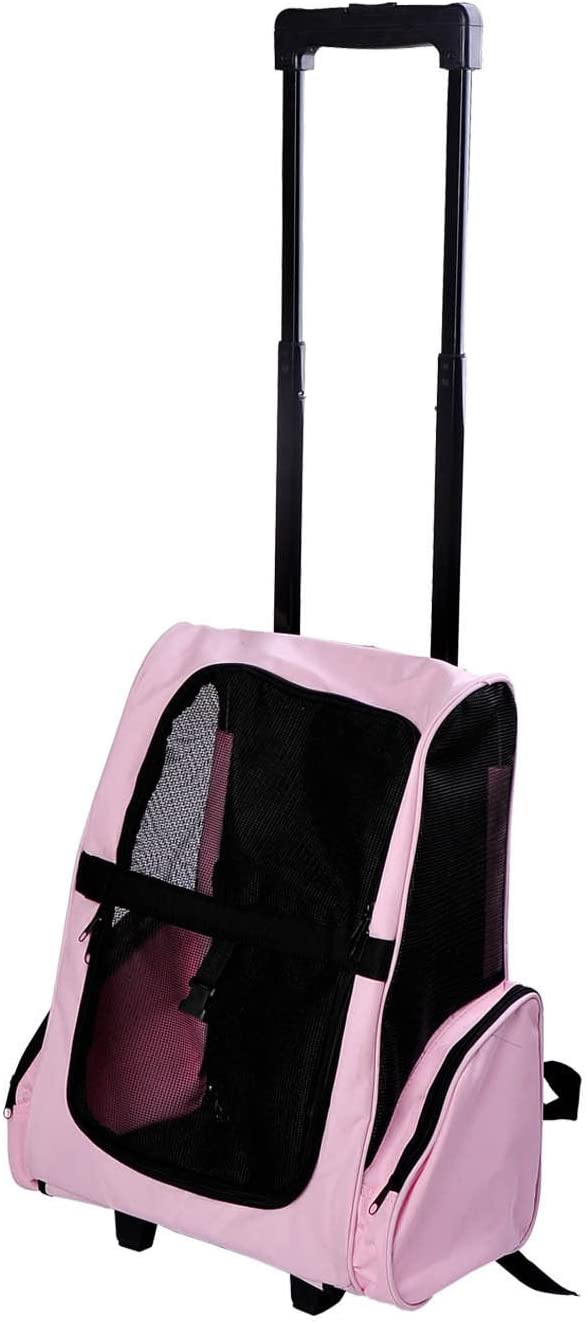  PawHut Transportin Carrito Perro 2 en 1 Mochila Carrito 36x30x49 cm Mascotas Perro Gato Rosa 