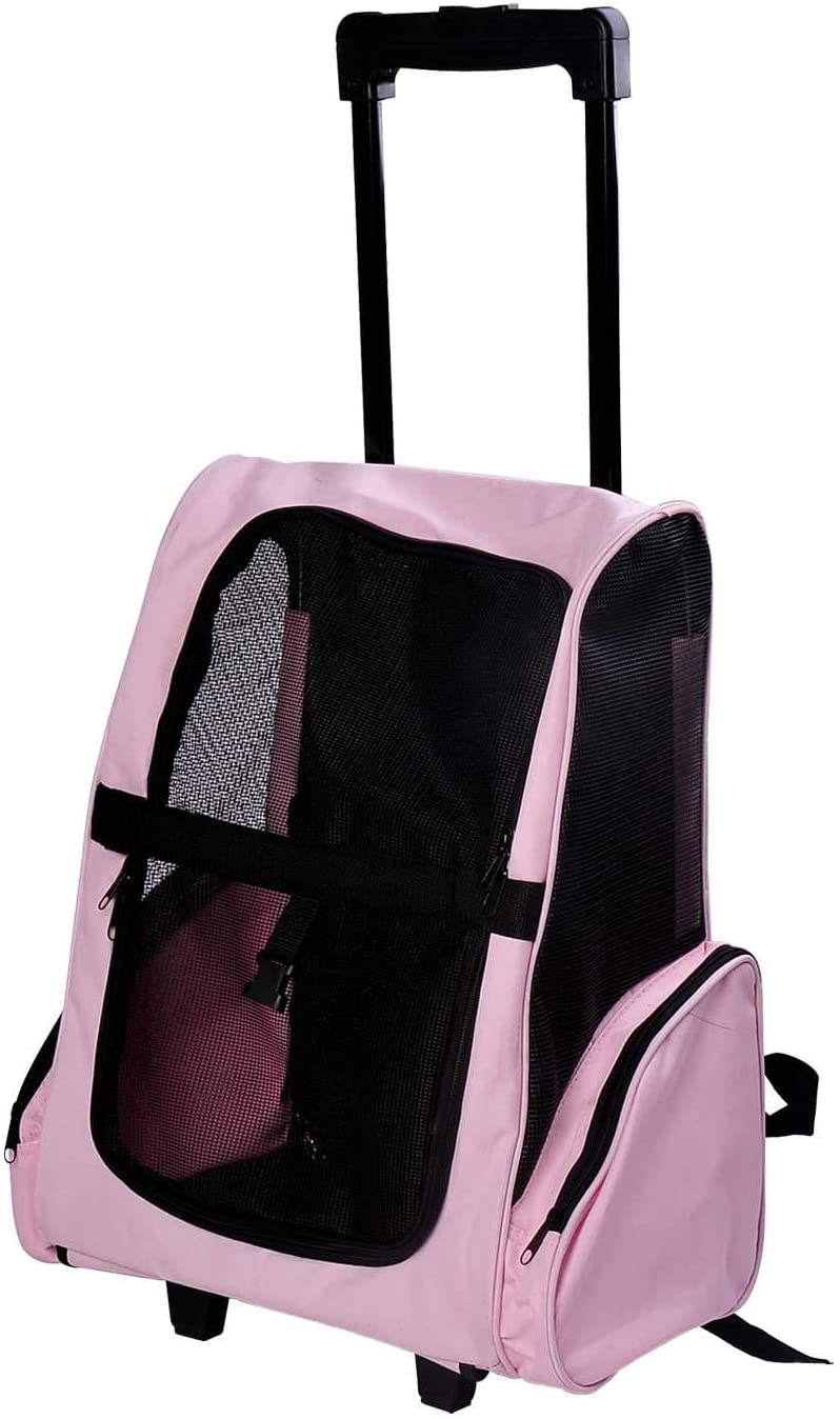  PawHut Transportin Carrito Perro 2 en 1 Mochila Carrito 36x30x49 cm Mascotas Perro Gato Rosa 