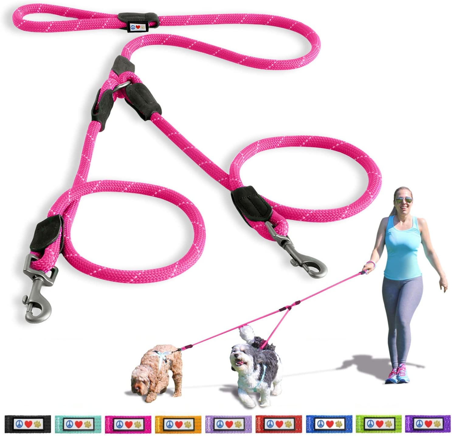  Pawtitas Correa Doble para Perros Reflectante y antitirones Largo pasear 2 Perros simultáneamente Ideal Paseos y Entrenamiento Plomo Doble para Perros medianos y pequeños - Correa Mediana Rosa 