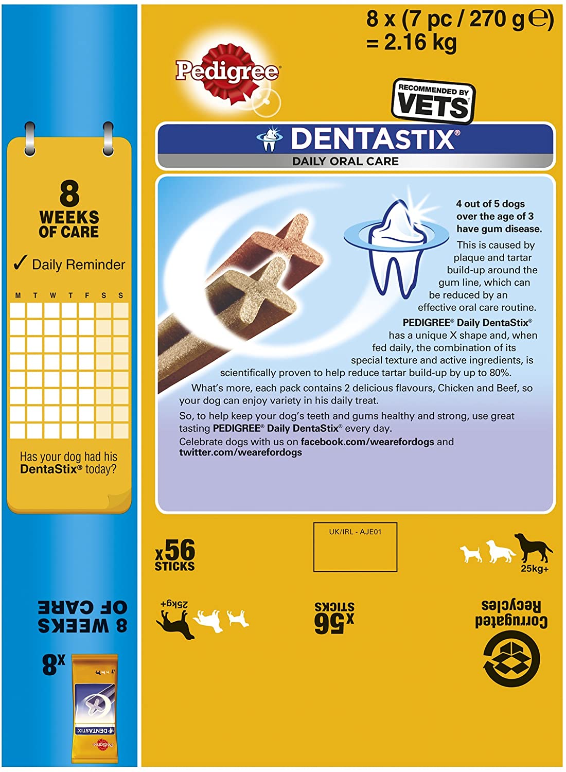  Pedigree Dentastix Diario Oral Cuidado Dental Masticables, GRANDE PERRO 56 palitos, pack de 1 