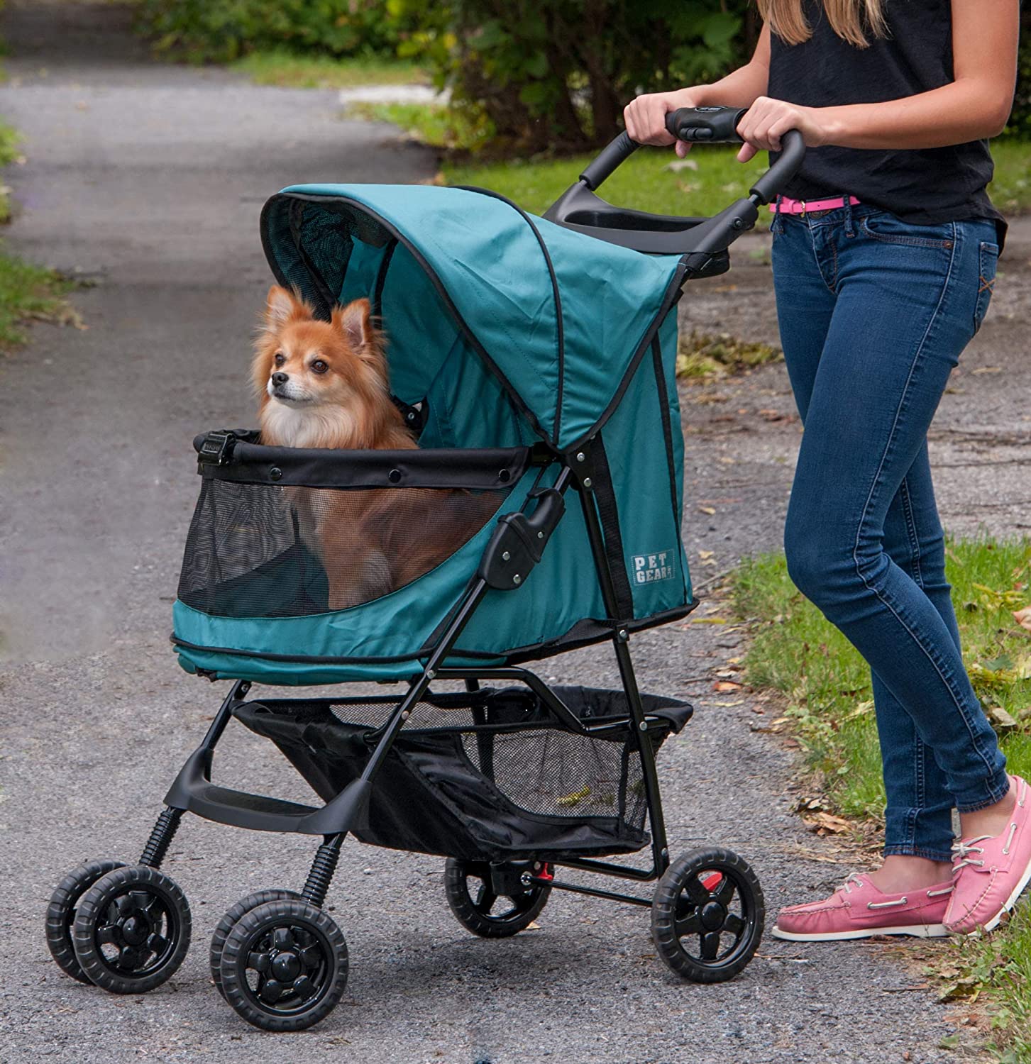  Pet Gear Happy Trails - Cochecito para gatos/perros, entrada sin cremallera, fácil de plegar con forro extraíble, cesta de almacenamiento + portavasos 