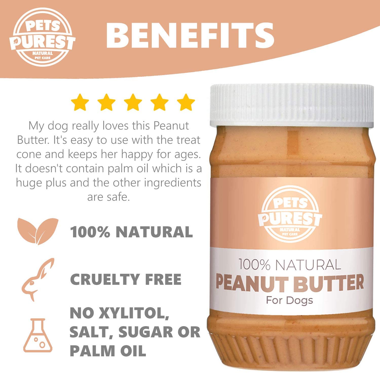  Pets Purest Manteca de maní 100% Natural para Perros (sin azúcar agregada, Sal o xilitol) sin Aceite de Palma, Trigo y Gluten (Fuente Saludable de proteínas) 