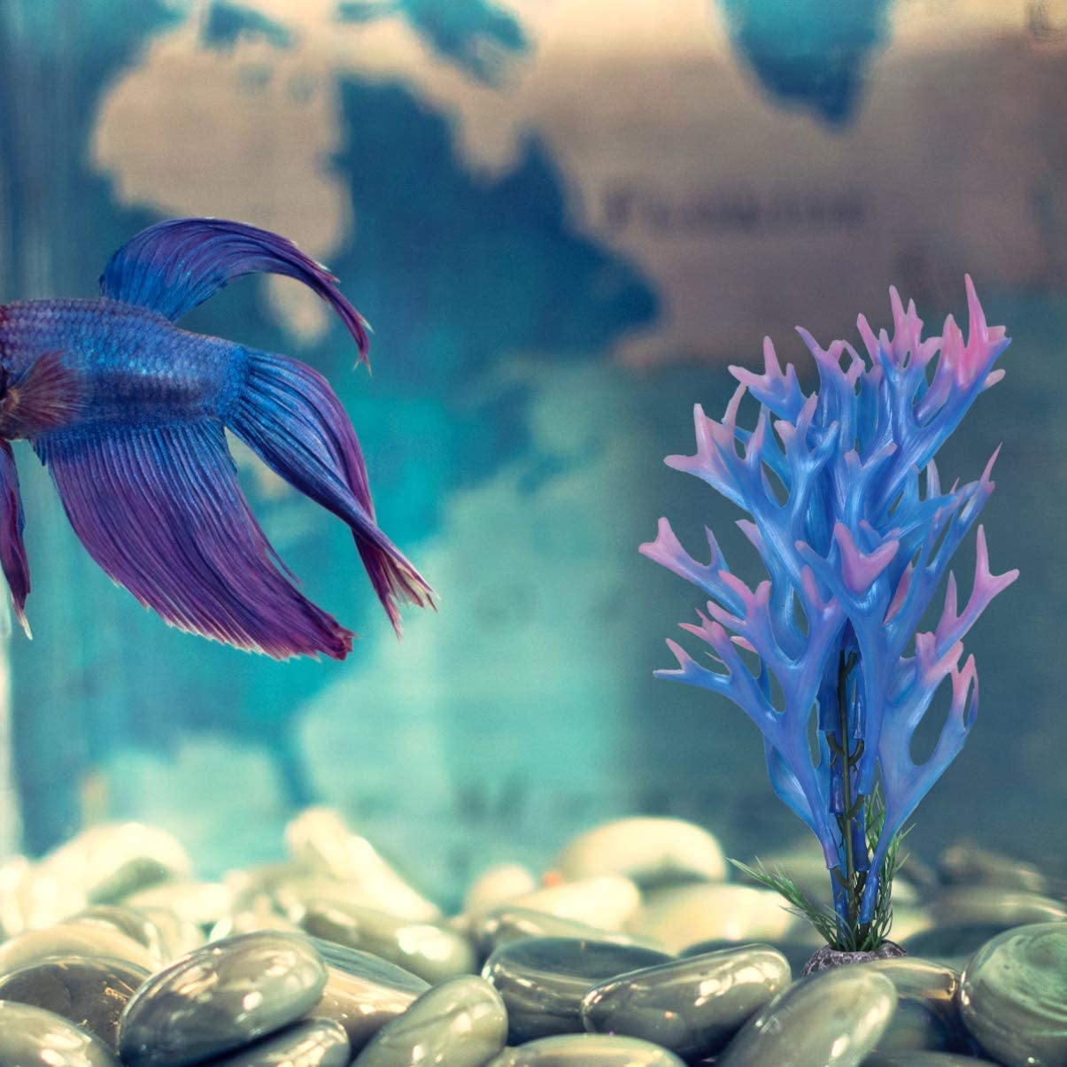  POPETPOP 2 Piezas de Plantas de Acuario de plástico - simulación de Cuerno de Ciervo de plástico Plantas acuáticas de paisajismo Artificial Acuario decoración de Tanque de Peces Azul 