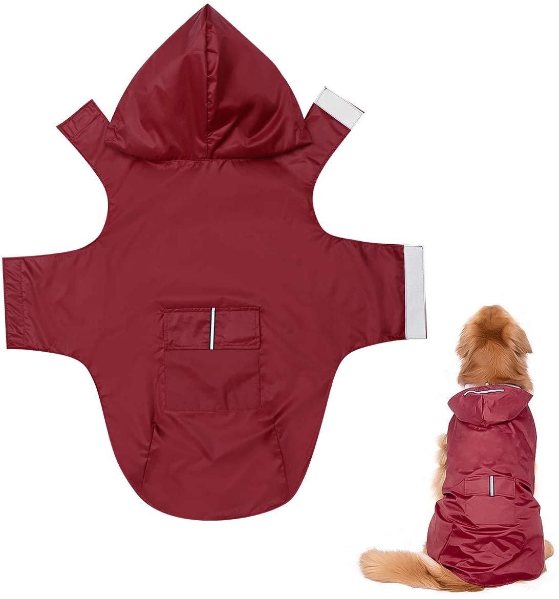  POPETPOP Chubasquero con Capucha para Perros Medianos y Grandes, Sudaderas Impermeable, Agujero para Arnés, Tira Reflectante, Bolsillos (Rojo, 5XL) 