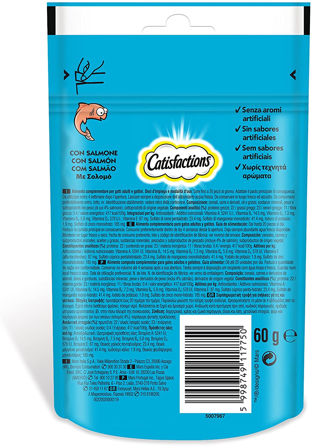  Premios para gatos sabor salmón 60g | [Pack de 6] 