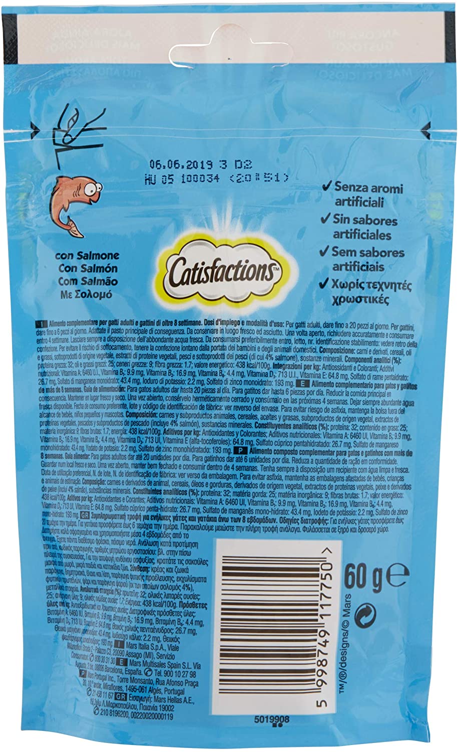  Premios para gatos sabor salmón 60g | [Pack de 6] 