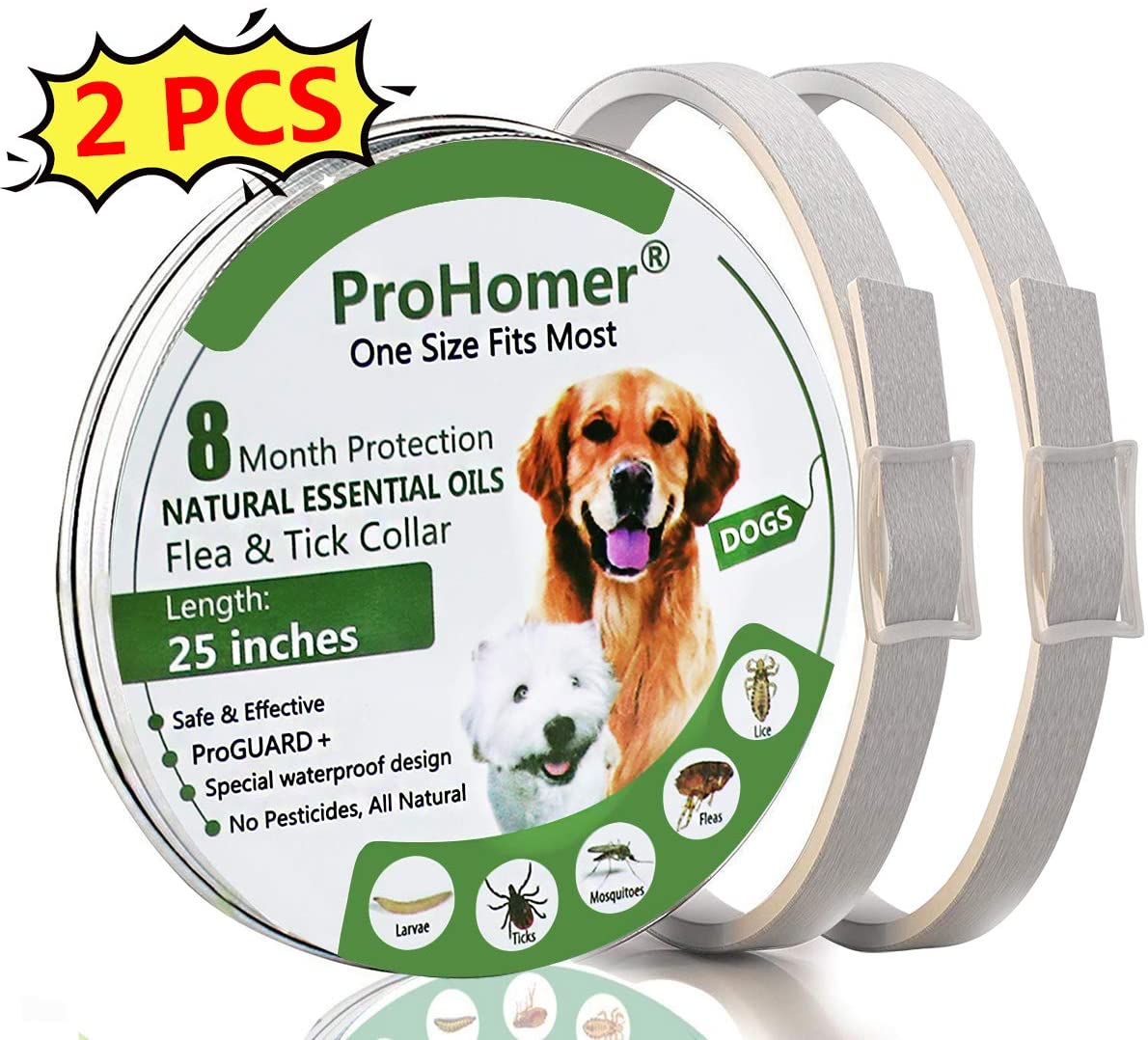  PROZADA [2PCS] Collares Antiparasitario para Perros, Prevención de Pulgas y Garrapatas - Hipoalergénico, Collar de Pesticida Ajustable a Prueba de Agua 