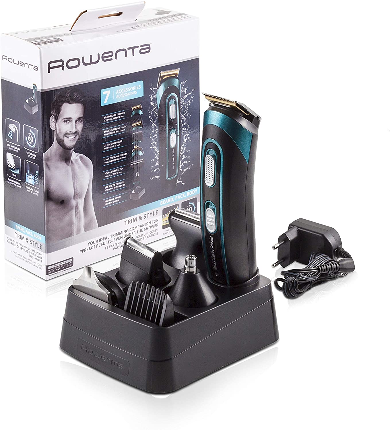  Rowenta TN9130 Trim & Style - Cortapelos para barba y cuerpo 7 en 1, accesorios de afeitado, nariz, oreja, patillas, recorte y afeitador corporal, autonomía 60 minutos y batería recargable 