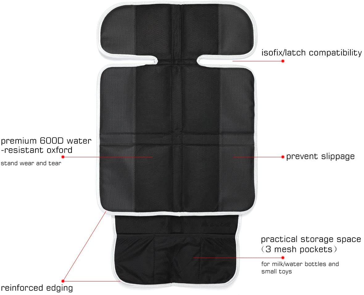  Salcar Protector de asiento de coche para bebe Antideslizante, Protección para niño y asientos de coche, Protector para asiento trasero para bebés y niños pequeños con función de almacenamiento, Negro 