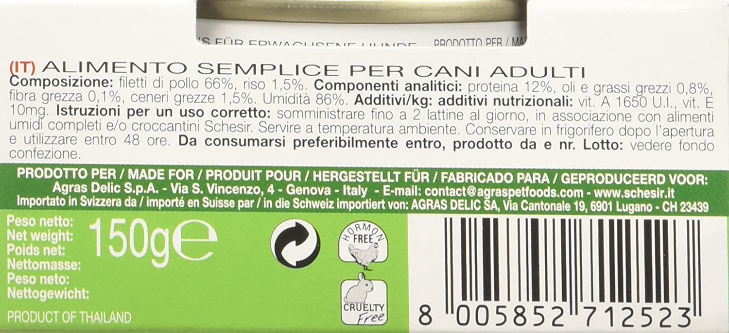  Schesir – Alimento para Perros Adultos, roscas de Pollo en gelatina, 150 gr, 1 Lata 