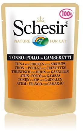  Schesir Comida Húmeda para Gato Atún con Pollo y Gambas - Paquete de 20 x 100 gr - Total: 2000 gr 