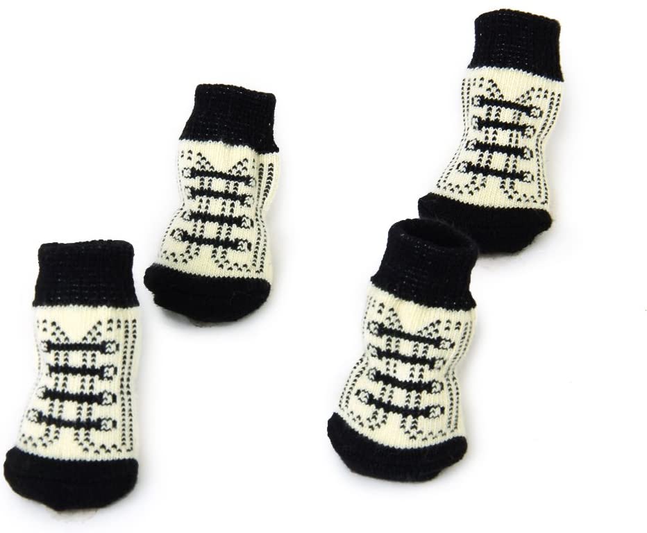  shoelace-pattern Pequeño perro cachorro gato antideslizantes calcetines con, diseño de huellas, color blanco y negro 