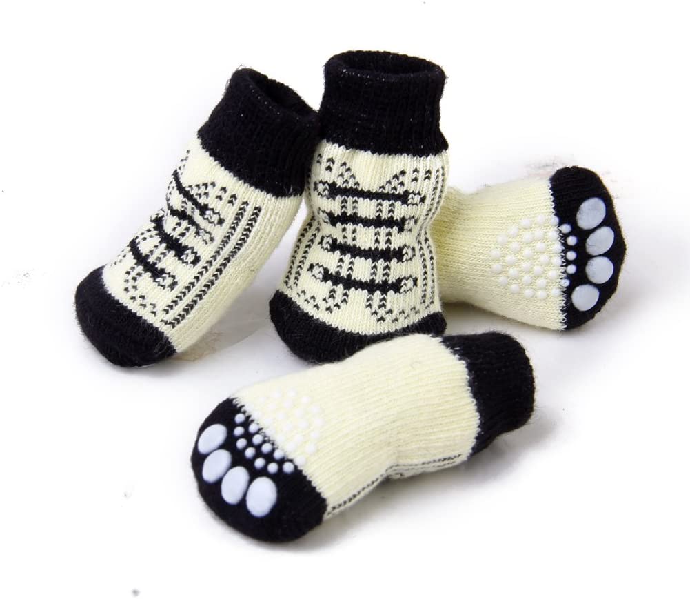  shoelace-pattern Pequeño perro cachorro gato antideslizantes calcetines con, diseño de huellas, color blanco y negro 